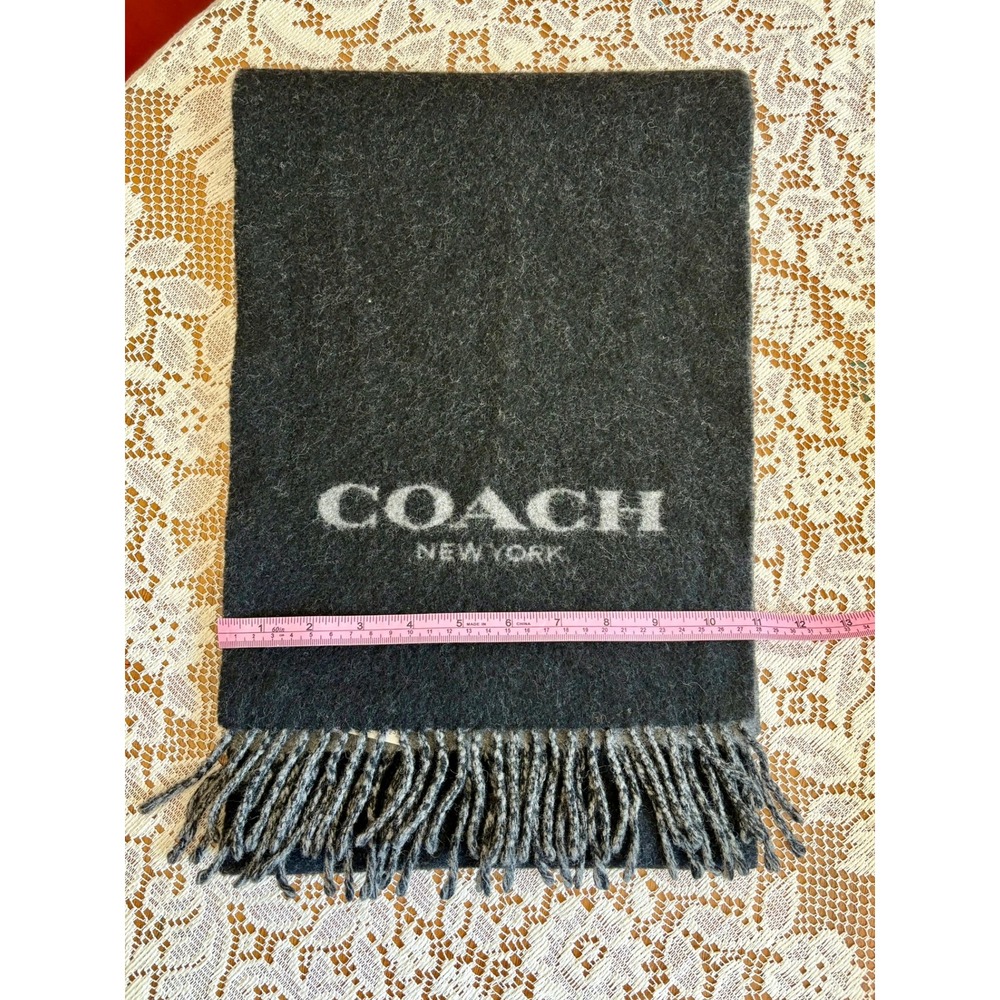 Coach Signature Bi-Color Logo Scarf Wool Cashmere Blend Black Grey Fringe 76053 - Picture 4 of 9